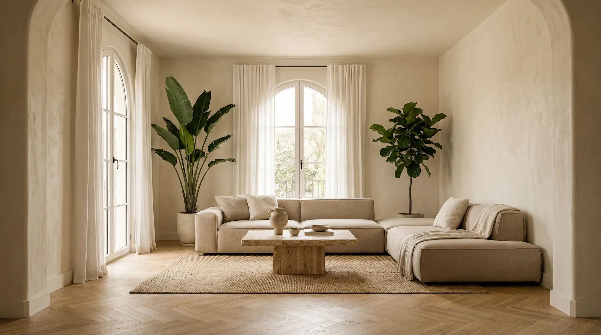 Sala de estar de tonos neutros con un sofá beige en forma de L, mesa de centro de madera, dos grandes macetas y una ventana arqueada con cortinas transparentes.