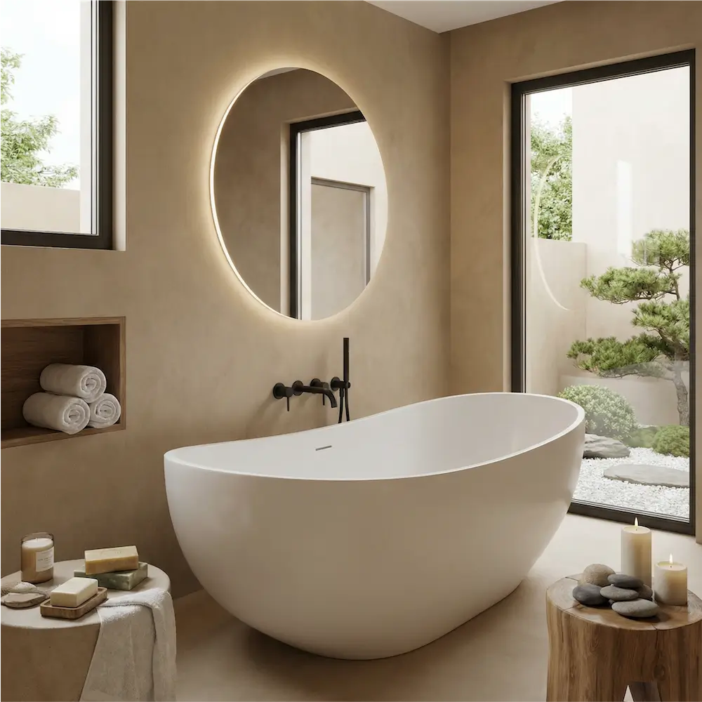 Moderno cuarto de baño con bañera exenta blanca, espejo redondo retroiluminado, toallas apiladas, velas y grandes ventanales con vistas a un jardín. Paredes de color beige neutro y elementos decorativos naturales.